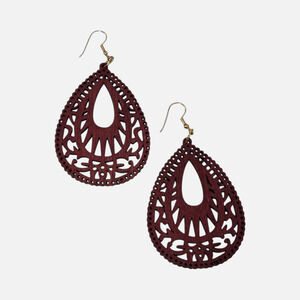 Wood Burgundy Hollow Out Drop Earrings